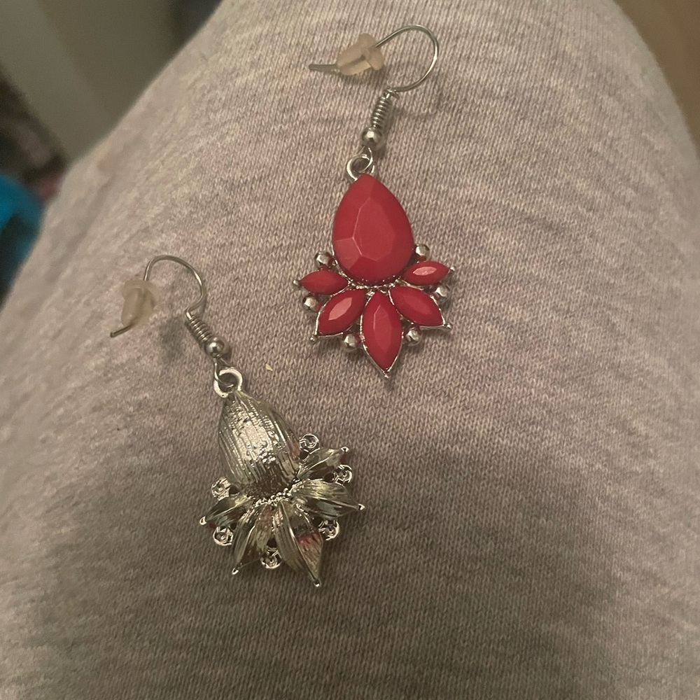 Source Unknown Red and Silver Floral Earrings